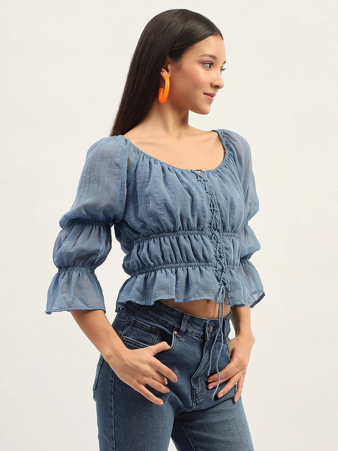 Madame Ruched Detailing Blue Peplum Top - Image 4