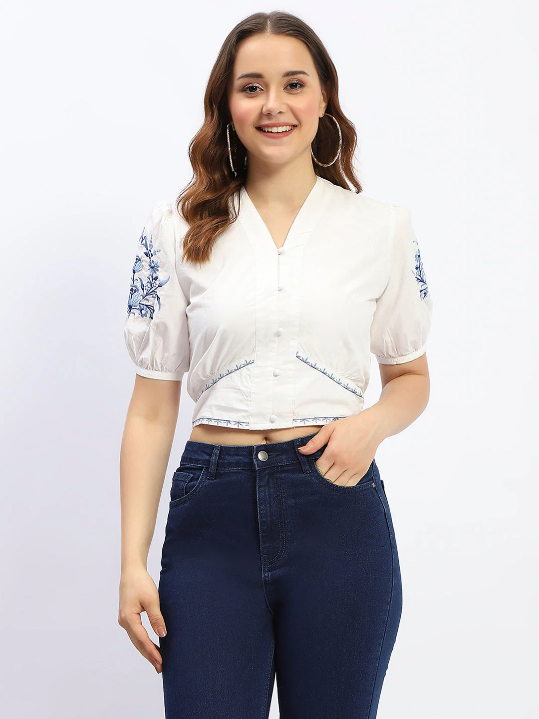 Madame Off-White Embroidered Cotton Crop Top - Image 3