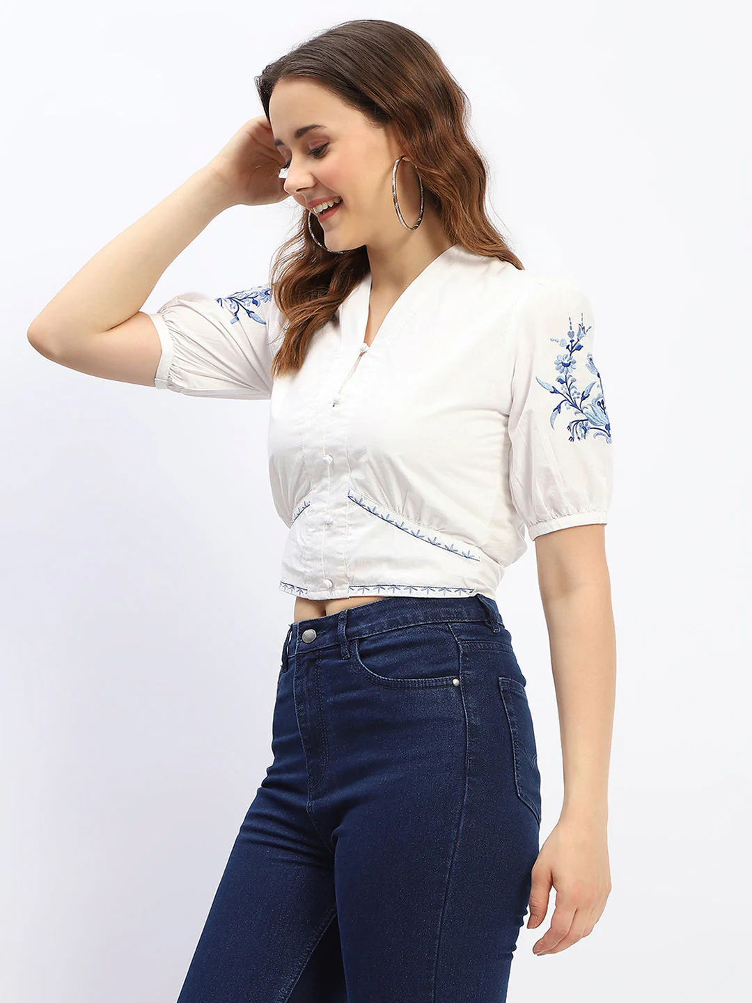 Madame Off-White Embroidered Cotton Crop Top - Image 5