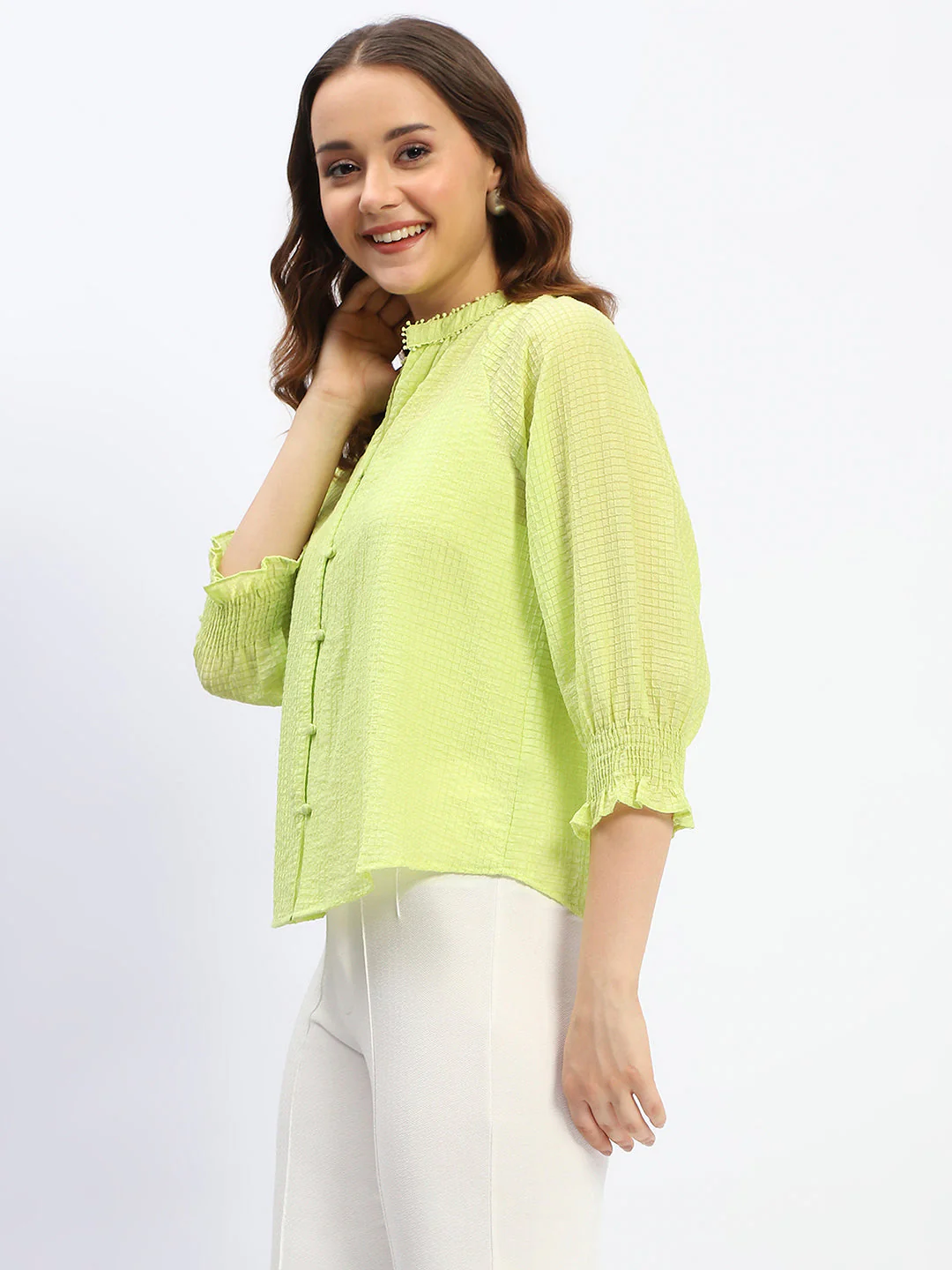 Madame Frill Sleeve Collared Neck Neon Tencel Top - Image 4