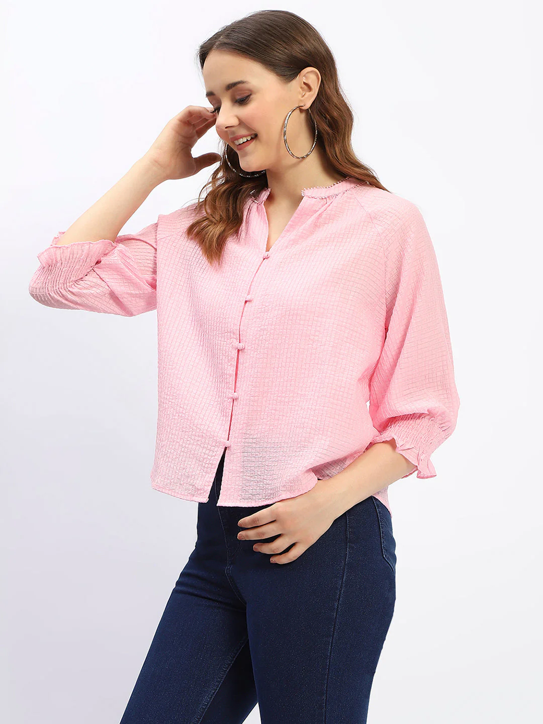 Madame Mandarin Neck Pink Tencel Top - Image 4