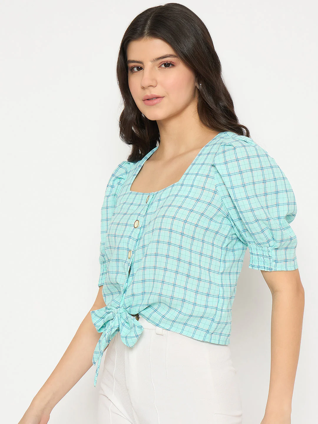 Madame Chequered Knotted Front Mint Green Crop Top - Image 5