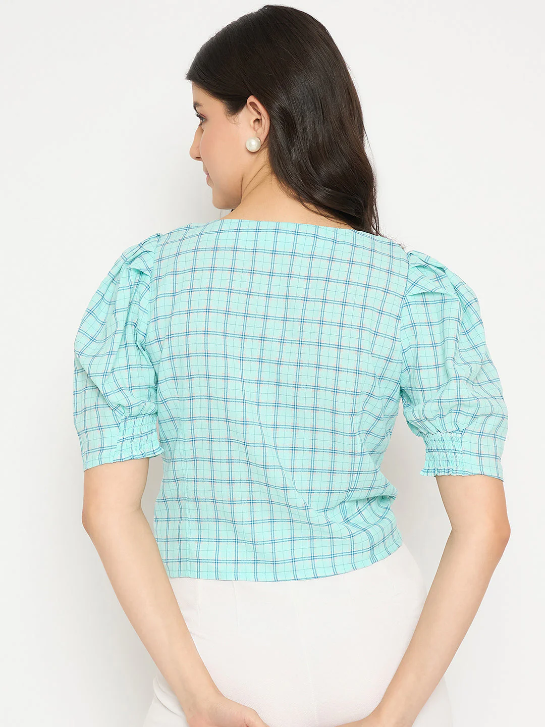 Madame Chequered Knotted Front Mint Green Crop Top - Image 6