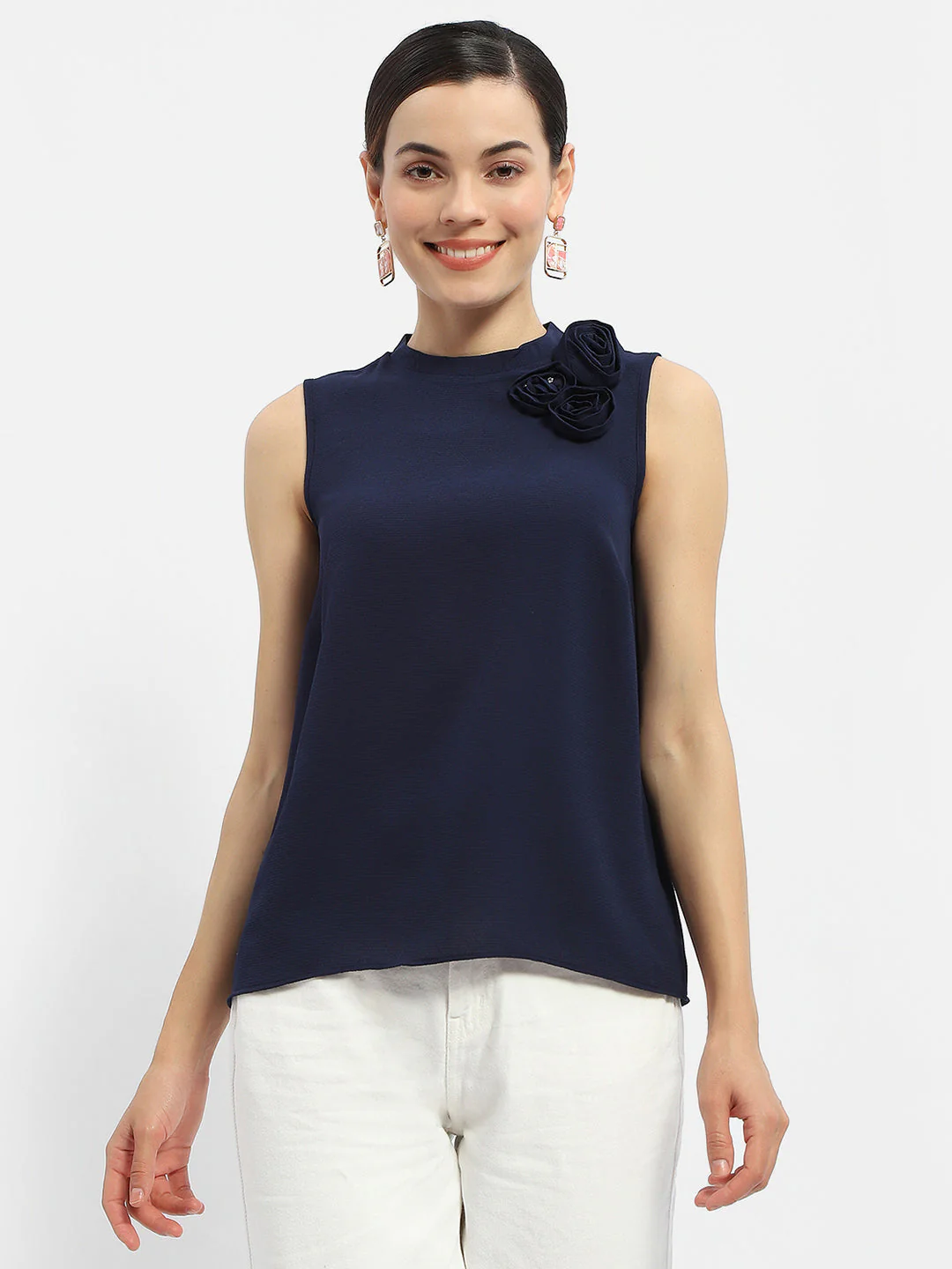 Madame Applique Adorned Navy Blue Shimmer Top - Image 2