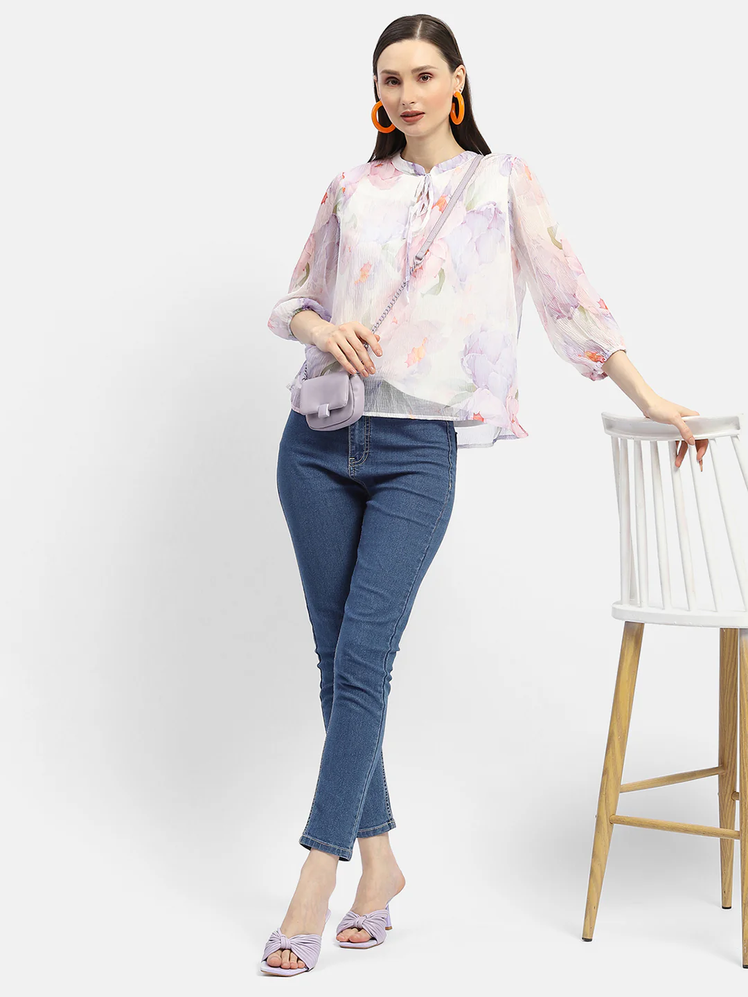 Madame Tie-Up Neck Off-White Floral Top - Image 2