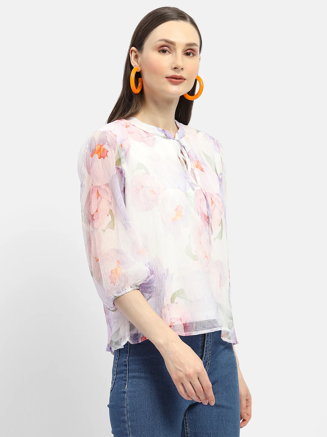 Madame Tie-Up Neck Off-White Floral Top - Image 4
