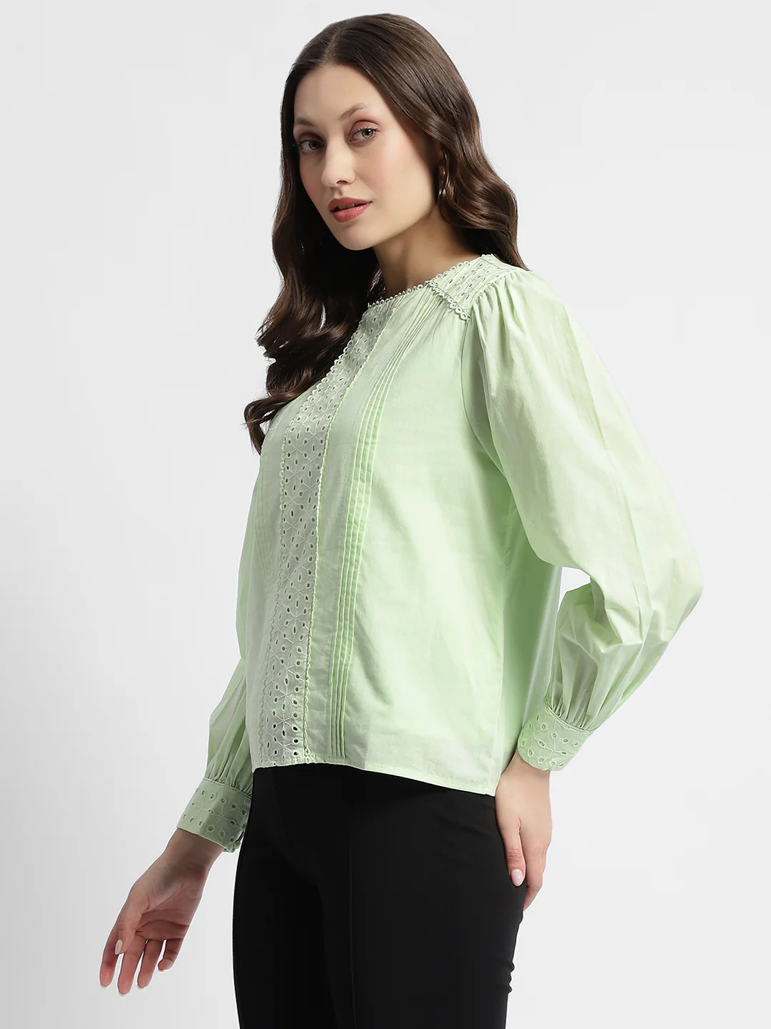 Madame Schiffli Adorned Puff Sleeve Mint Green Top - Image 5