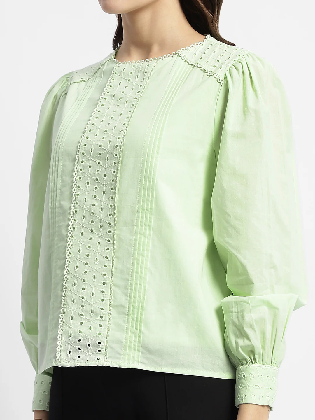 Madame Schiffli Adorned Puff Sleeve Mint Green Top - Image 7