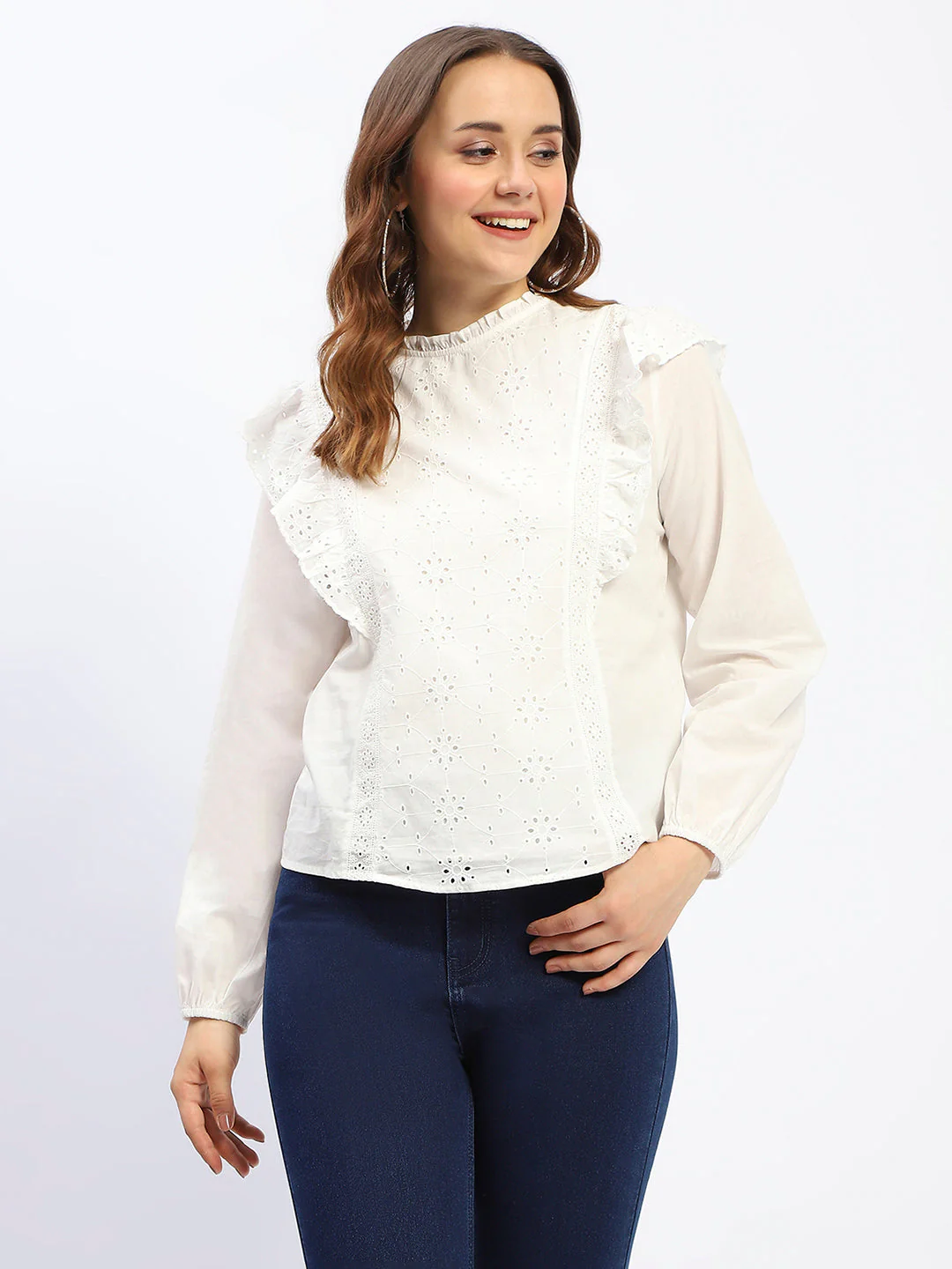 Madame Schilffli Adorned Ruffle Neck Off White Cotton Top - Image 2