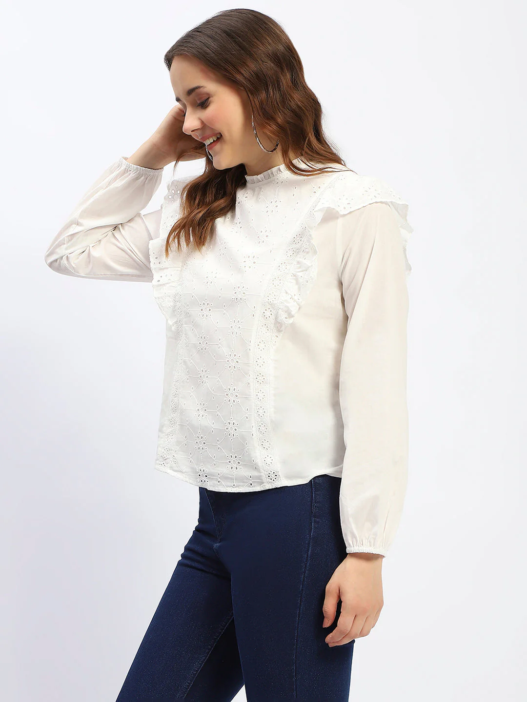 Madame Schilffli Adorned Ruffle Neck Off White Cotton Top - Image 4