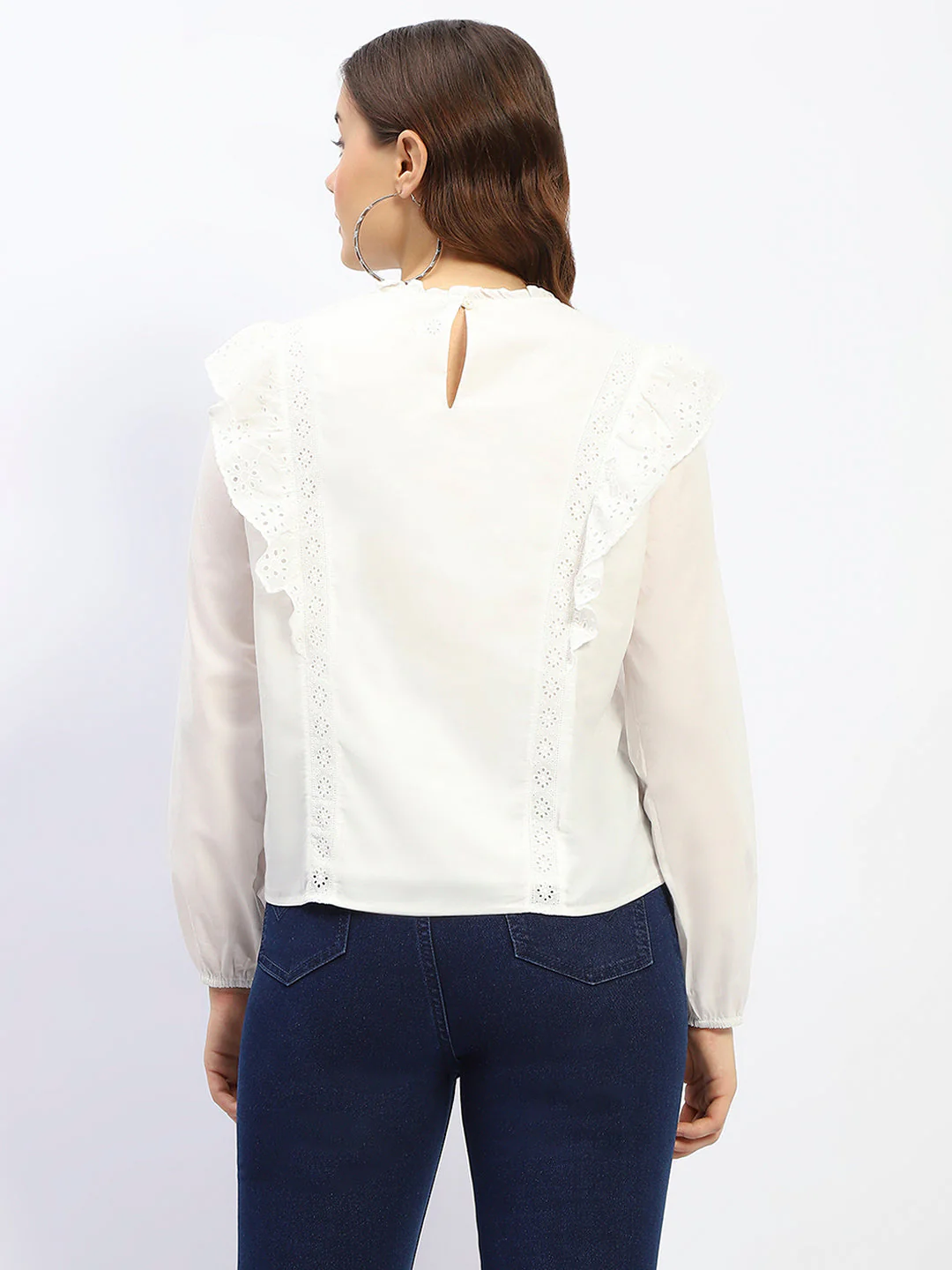 Madame Schilffli Adorned Ruffle Neck Off White Cotton Top - Image 5