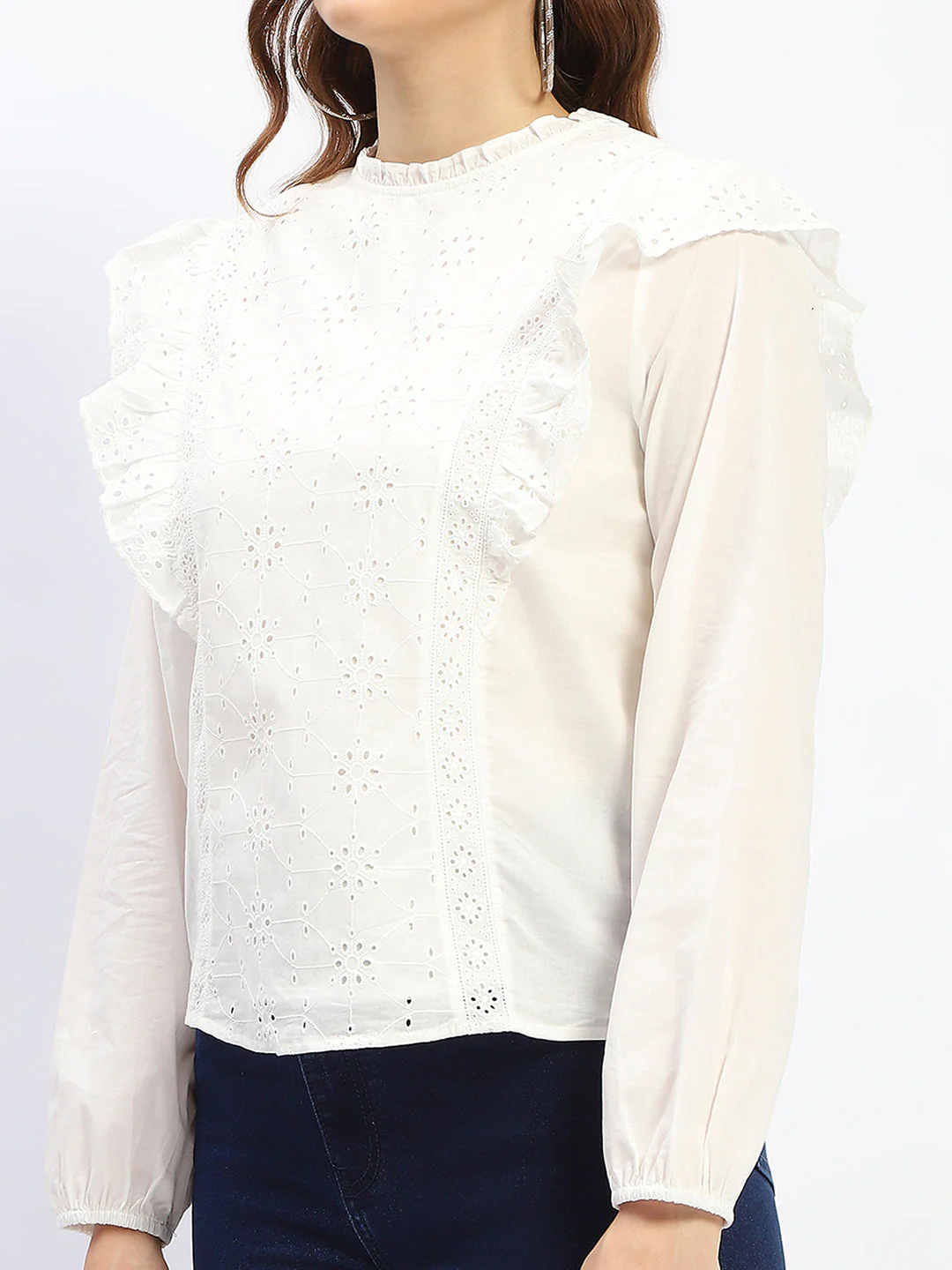 Madame Schilffli Adorned Ruffle Neck Off White Cotton Top - Image 6