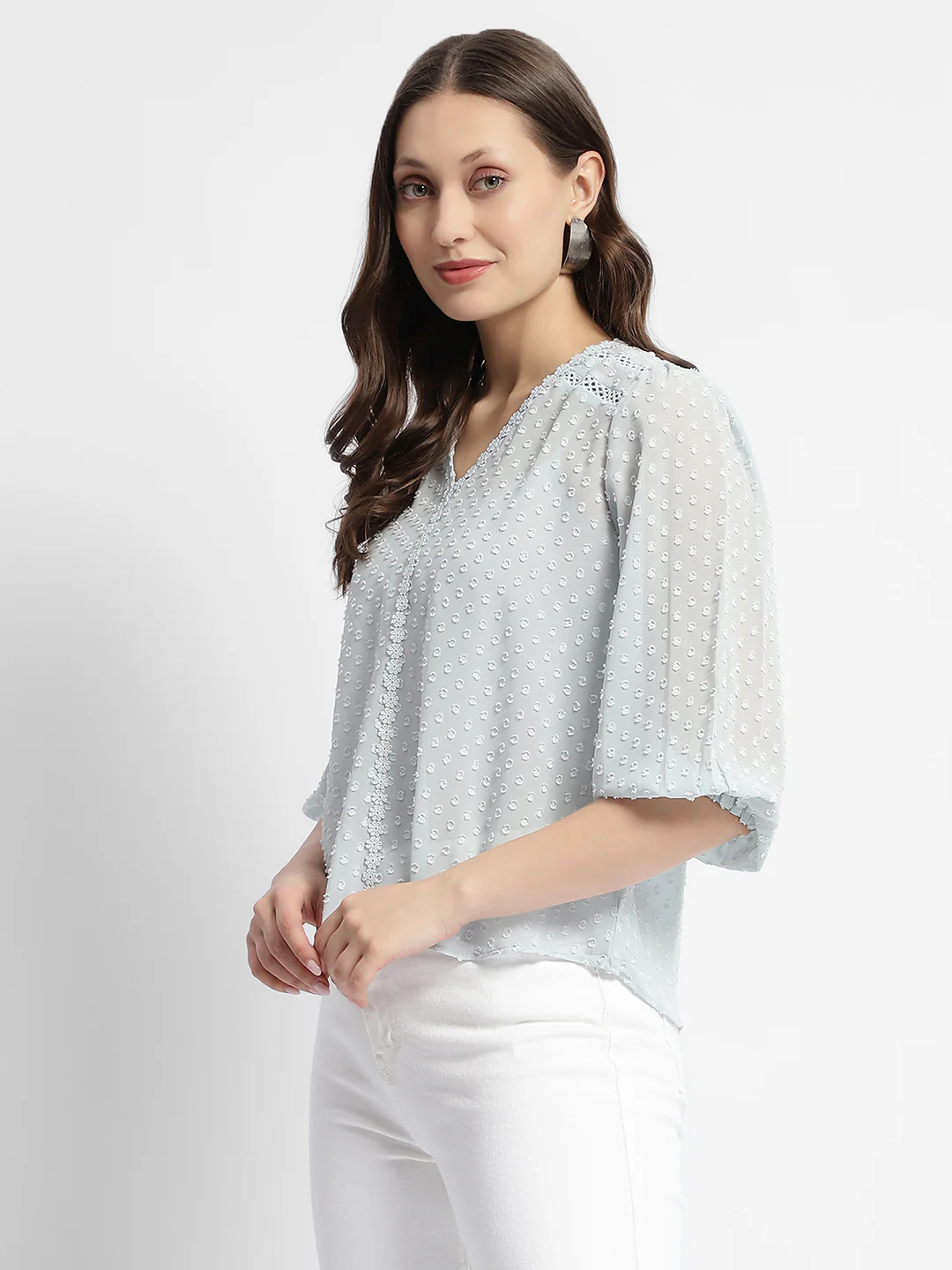 Madame Puffed Sleeve Dobby Sky Blue Top - Image 4