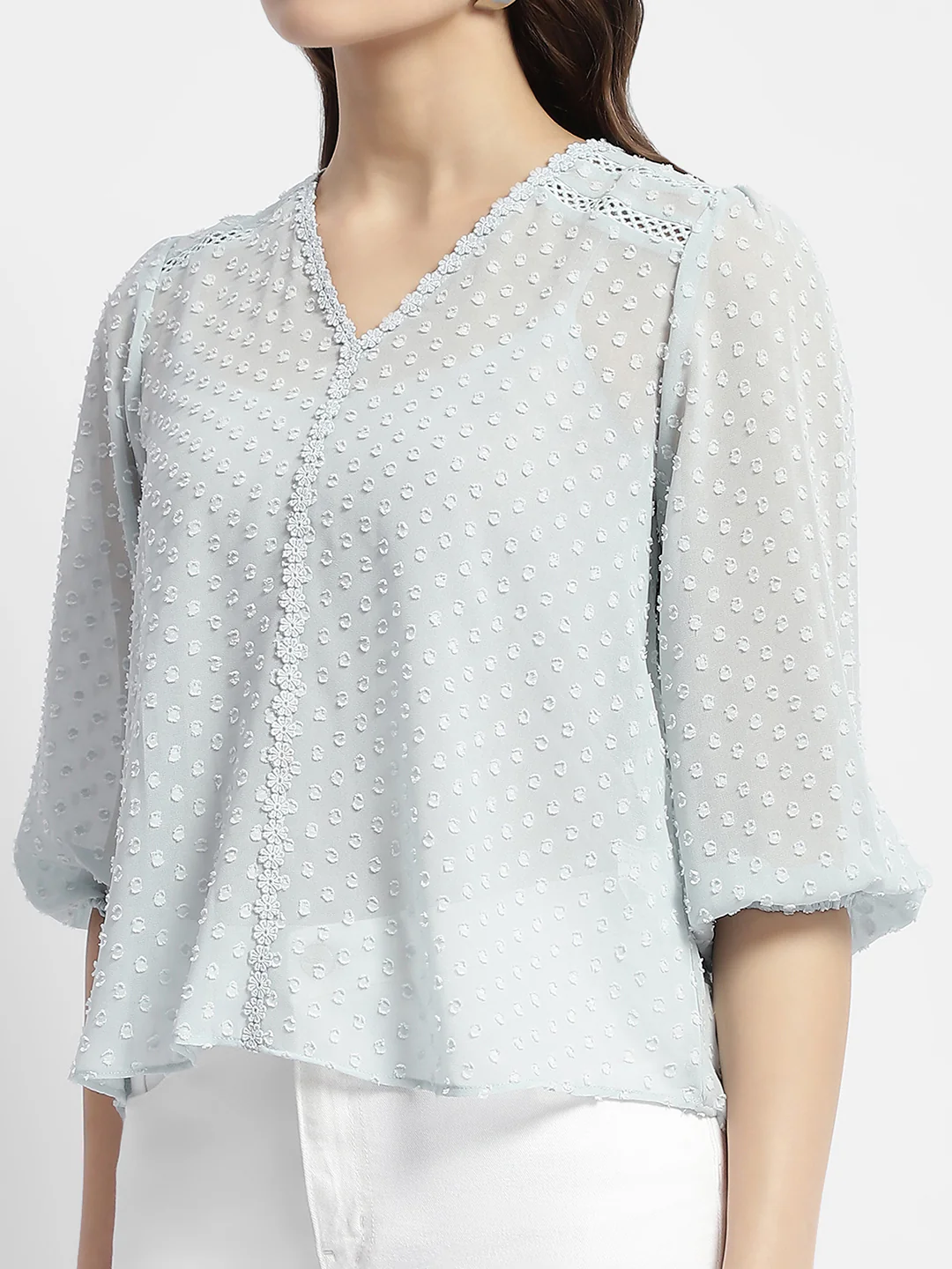 Madame Puffed Sleeve Dobby Sky Blue Top - Image 7