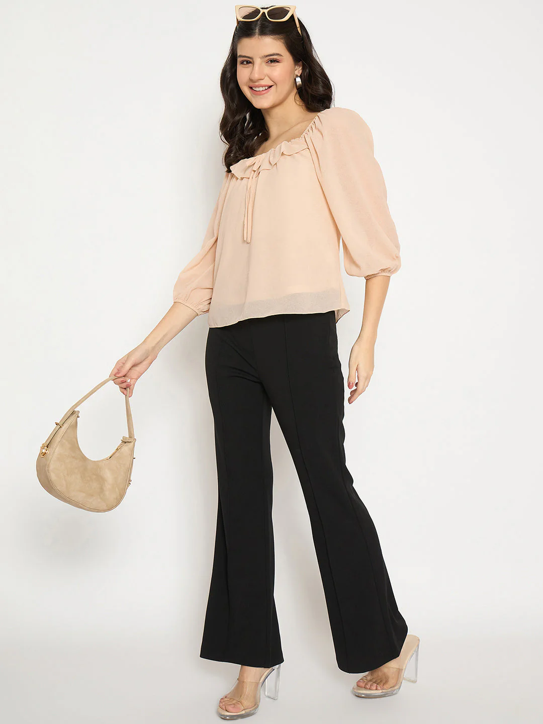 Madame Ruffle Detailed Square Neck Beige Top - Image 2
