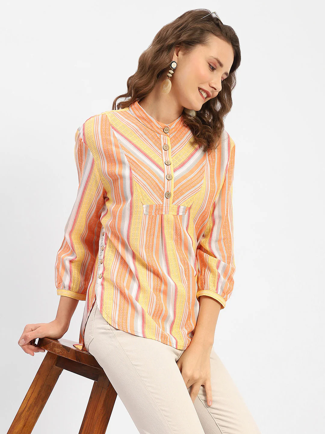 Madame Mandarin Collar Modal Cotton Striped Shirt - Image 2