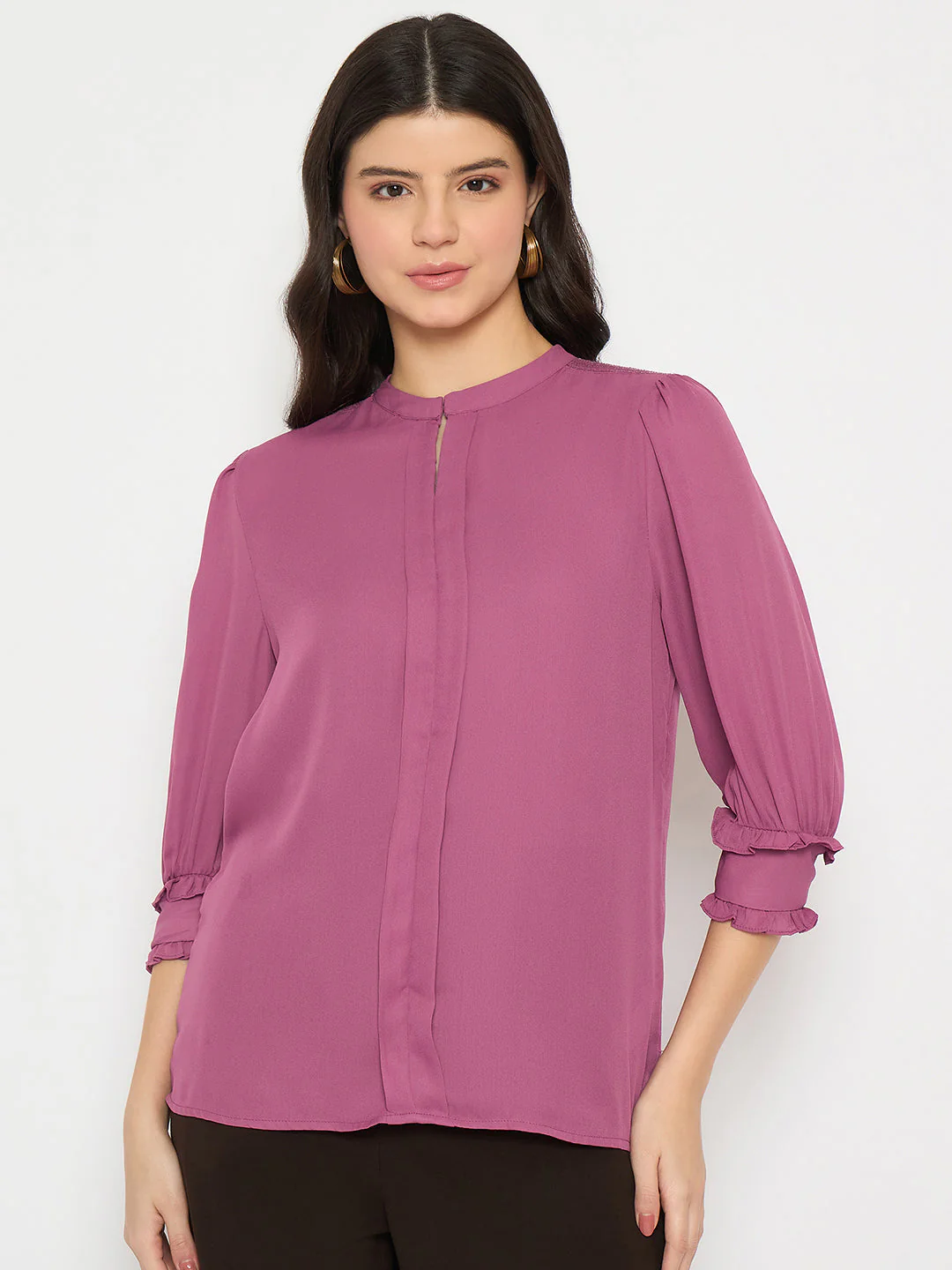 Madame Keyhole Neck Puff Sleeve Fuschia Top - Image 3