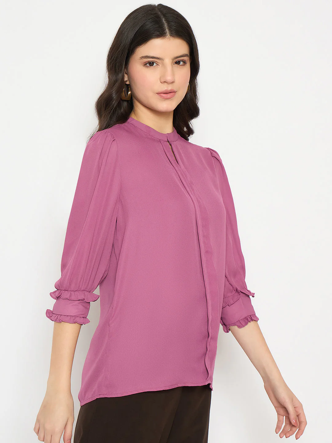 Madame Keyhole Neck Puff Sleeve Fuschia Top - Image 4