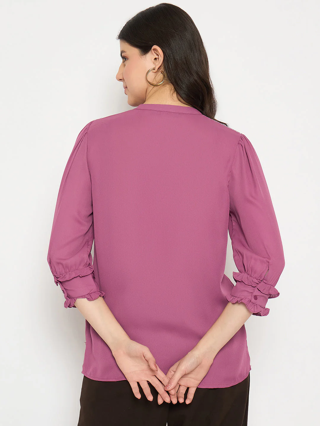 Madame Keyhole Neck Puff Sleeve Fuschia Top - Image 6