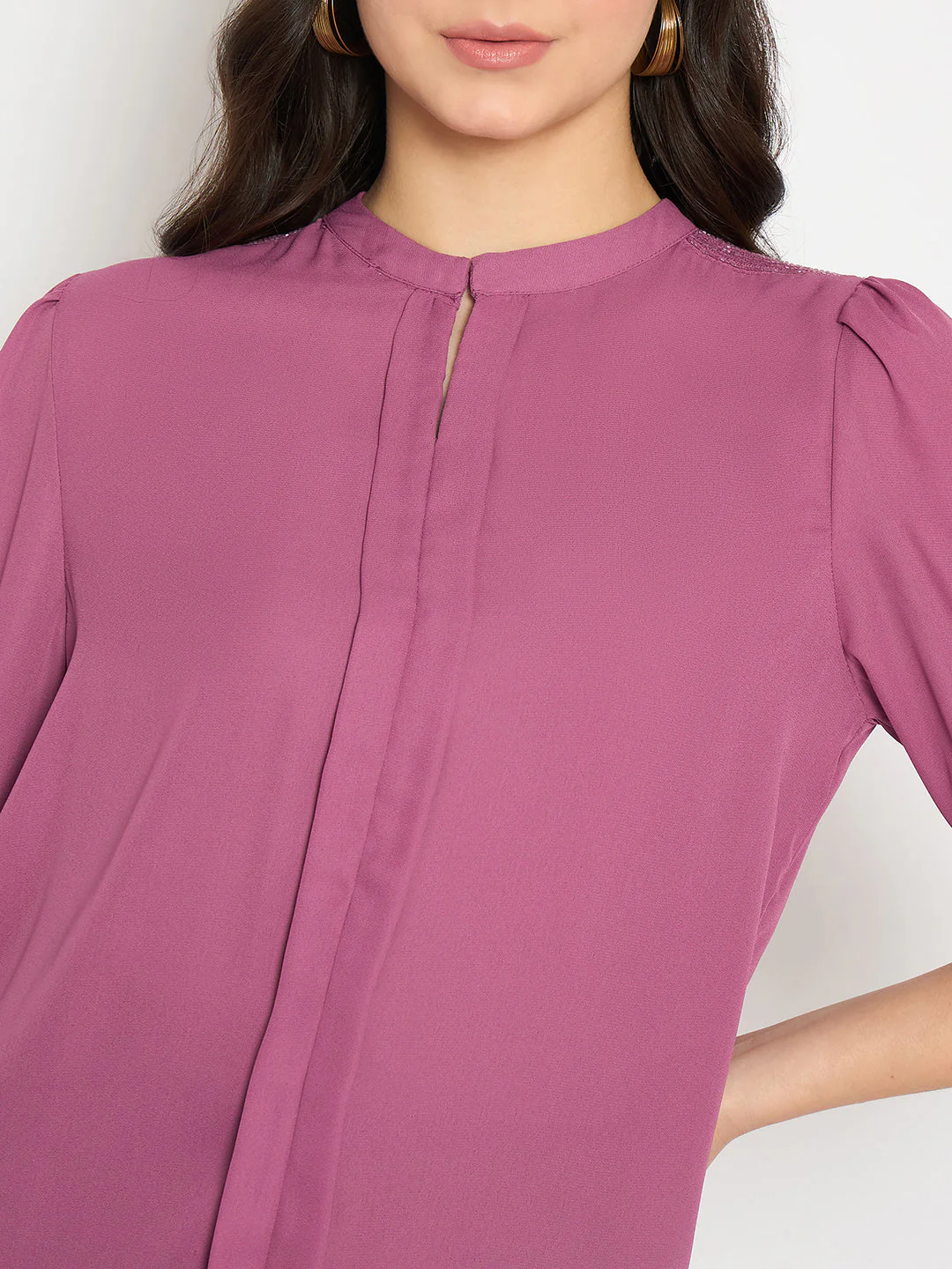 Madame Keyhole Neck Puff Sleeve Fuschia Top - Image 7