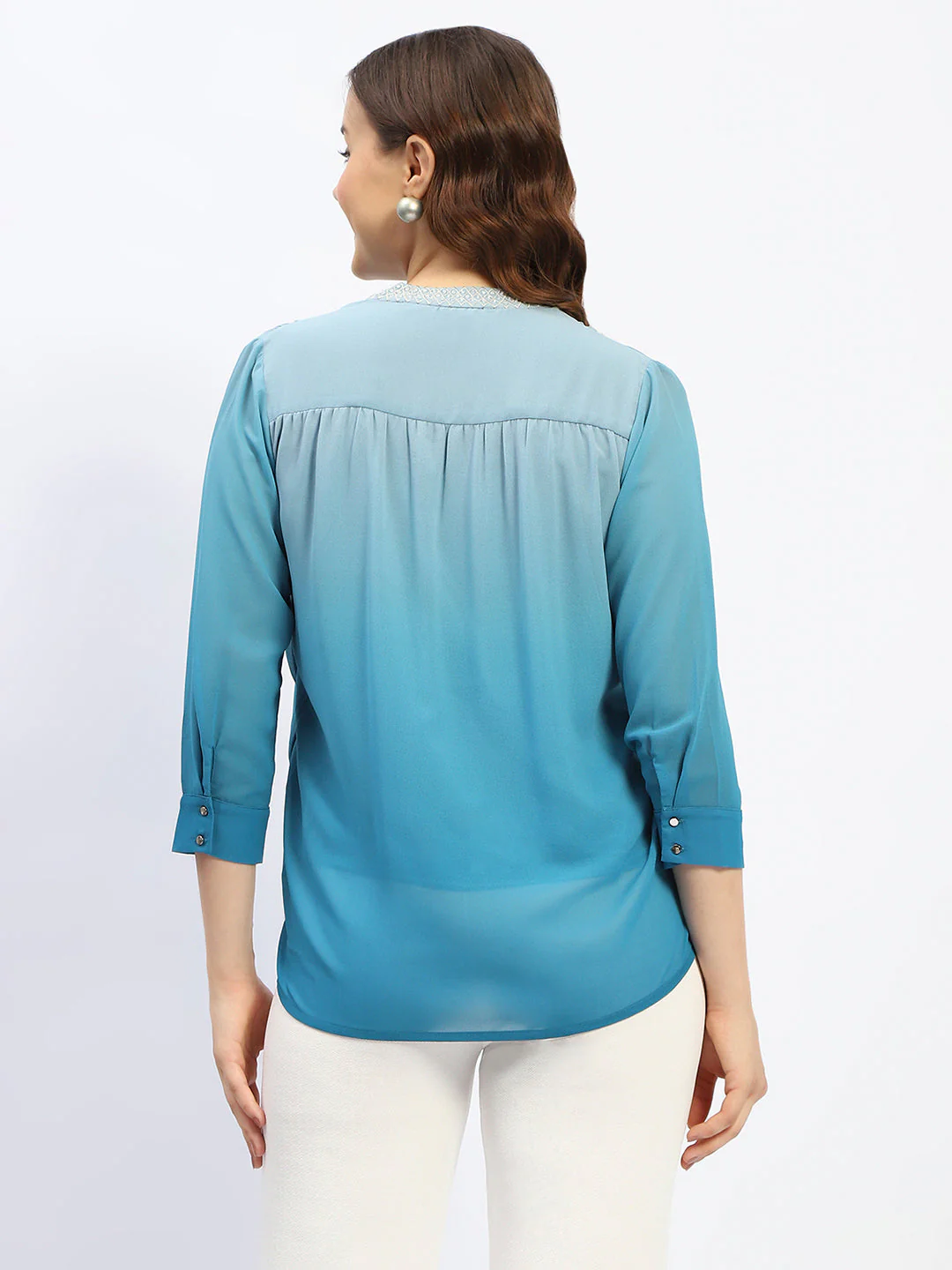Madame Mandarin Neck Ombre Teal Drape Top - Image 5