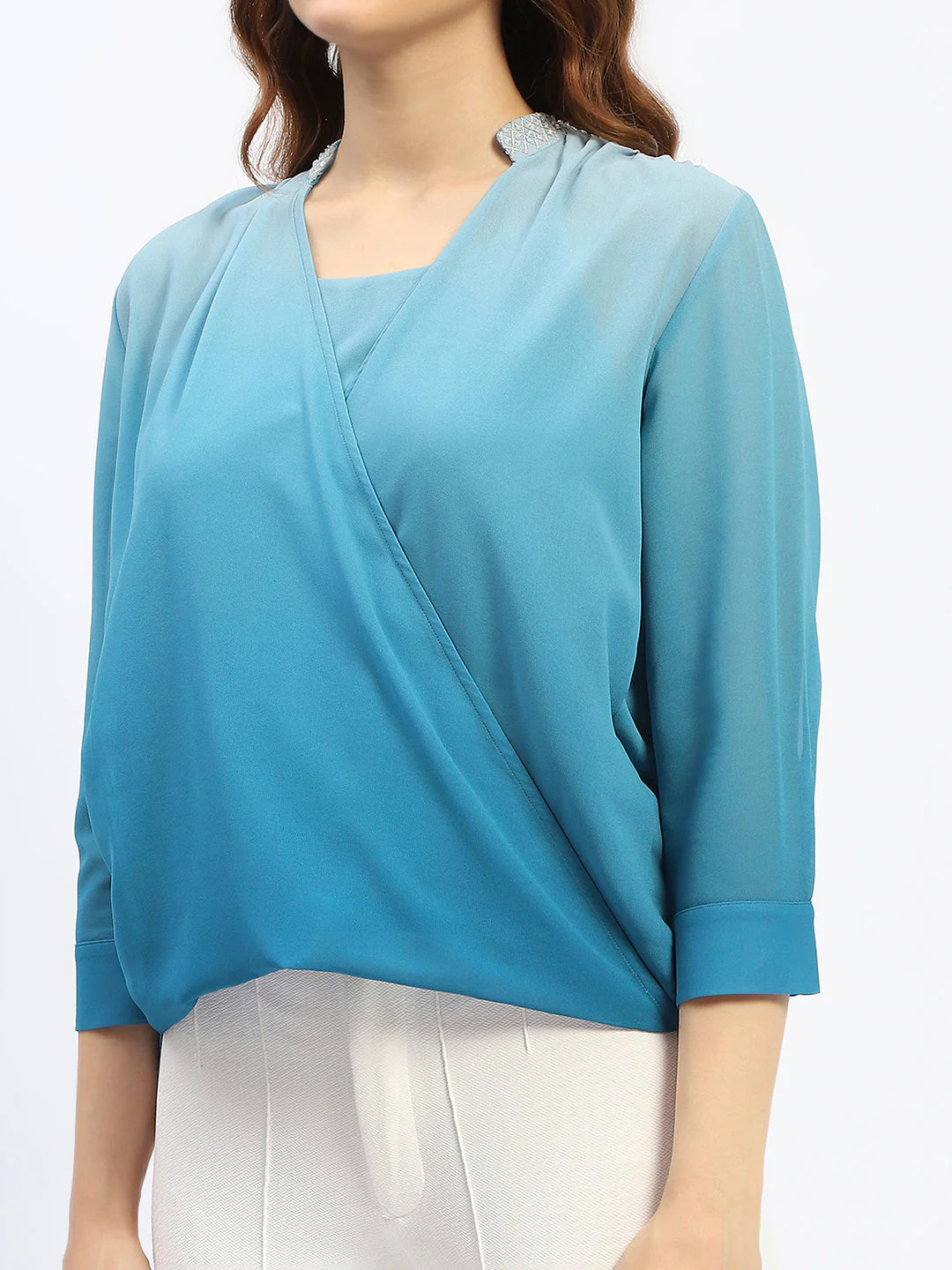 Madame Mandarin Neck Ombre Teal Drape Top - Image 6