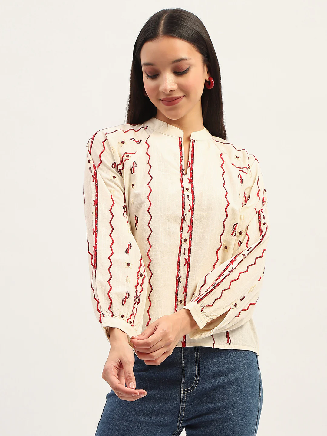 Madame Embroidery Printed Cotton Beige Top - Image 3
