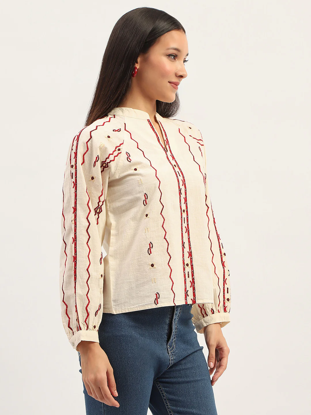 Madame Embroidery Printed Cotton Beige Top - Image 4