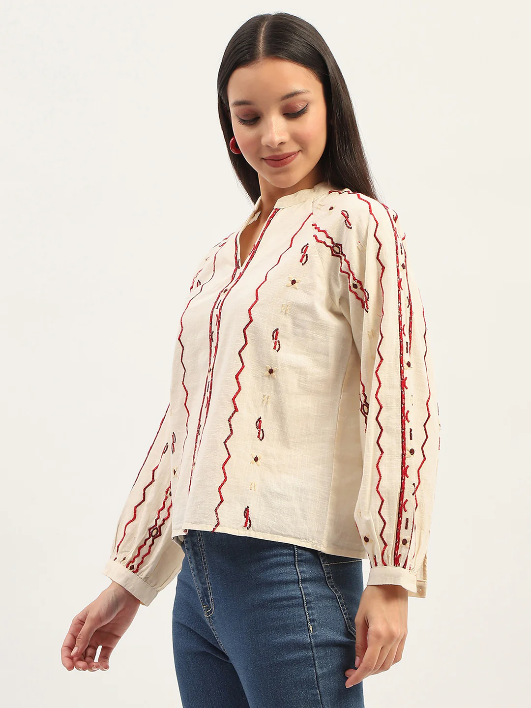 Madame Embroidery Printed Cotton Beige Top - Image 5