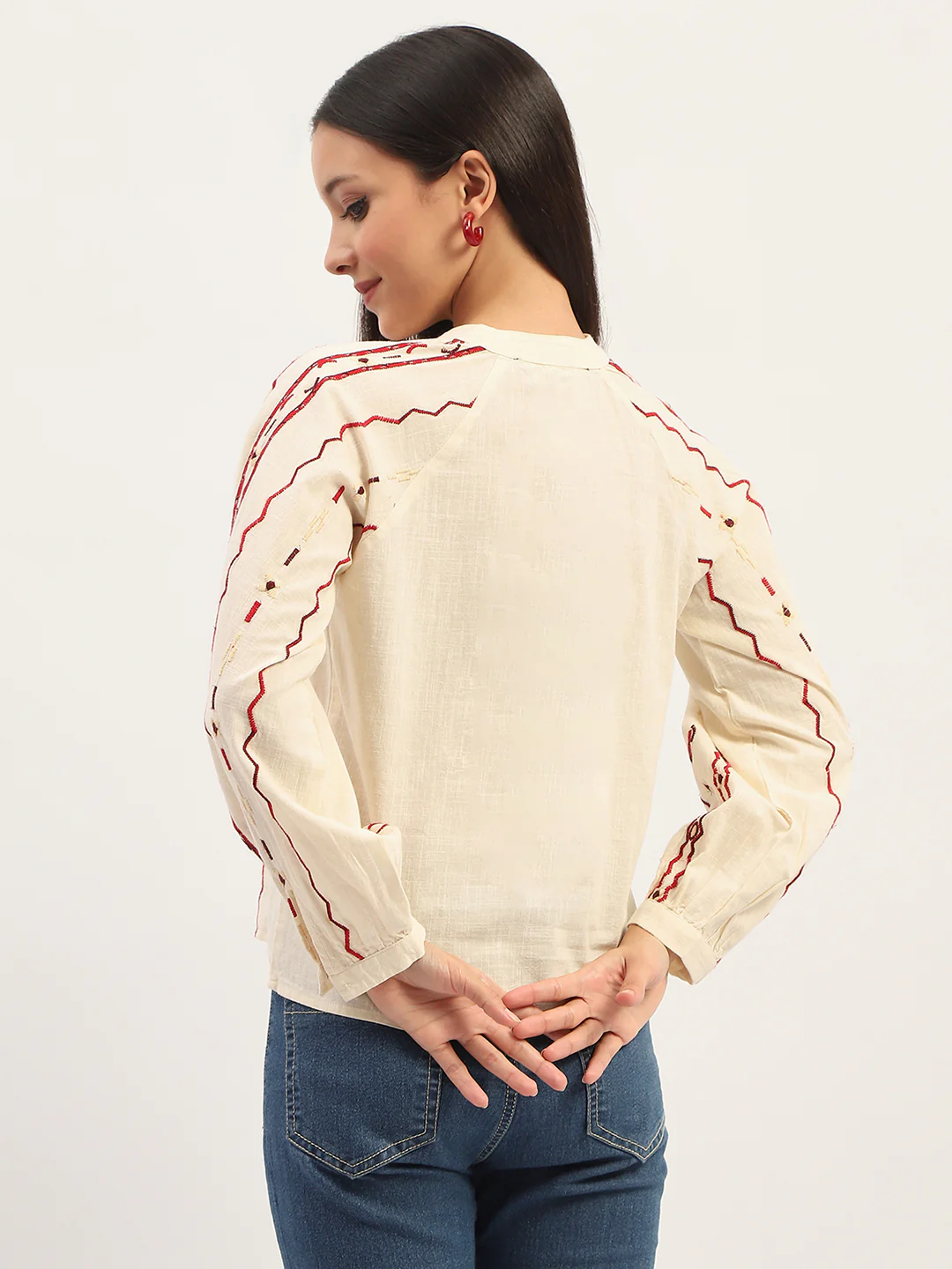 Madame Embroidery Printed Cotton Beige Top - Image 6