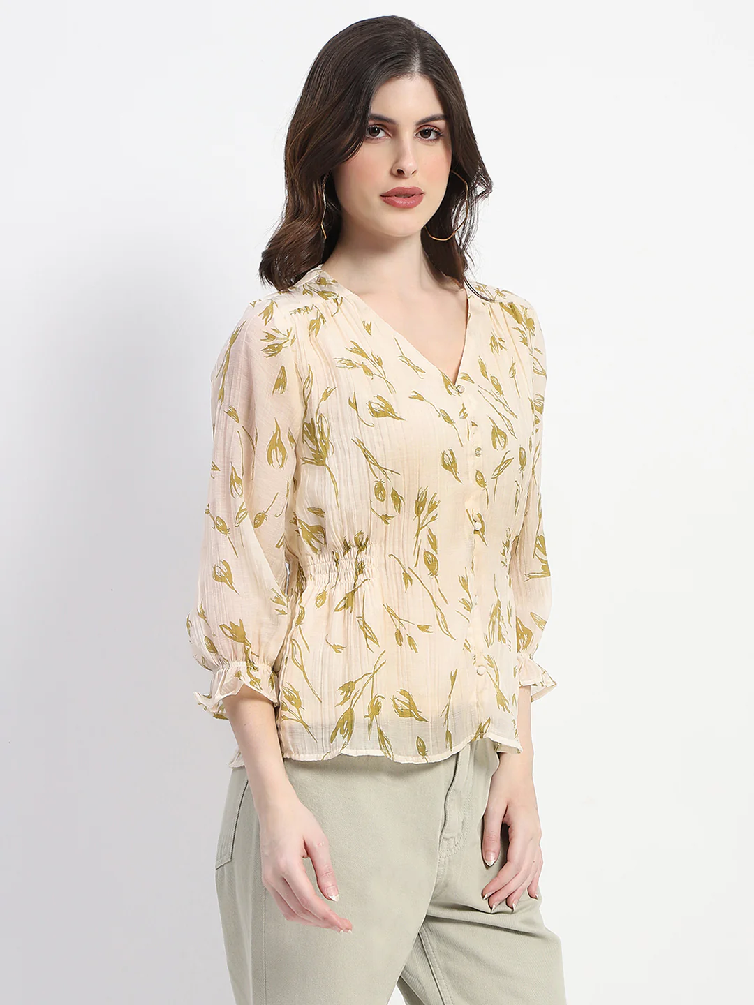 Madame Abstract Print V- Neck Olive Rayon Top - Image 3