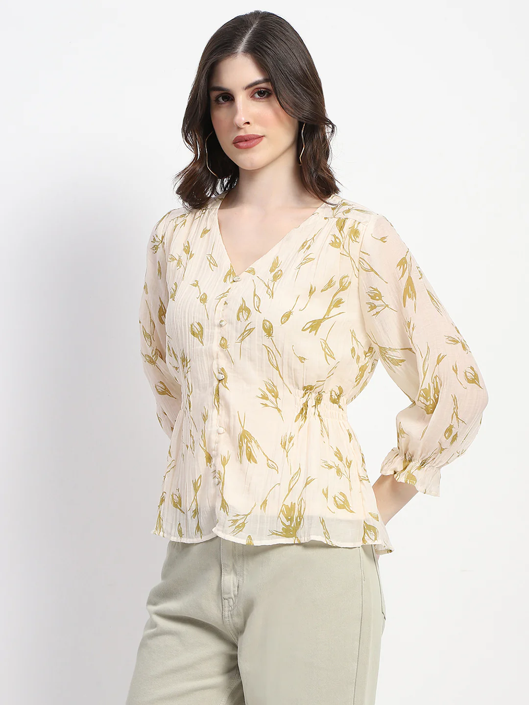 Madame Abstract Print V- Neck Olive Rayon Top - Image 4