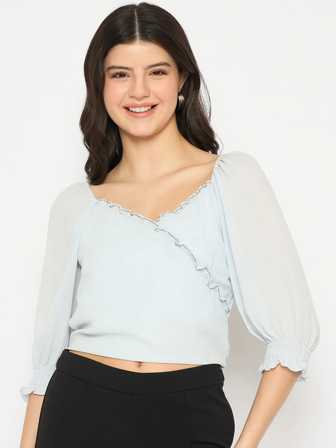 Madame Surplice Neck Blue Wrap Crop Top - Image 3