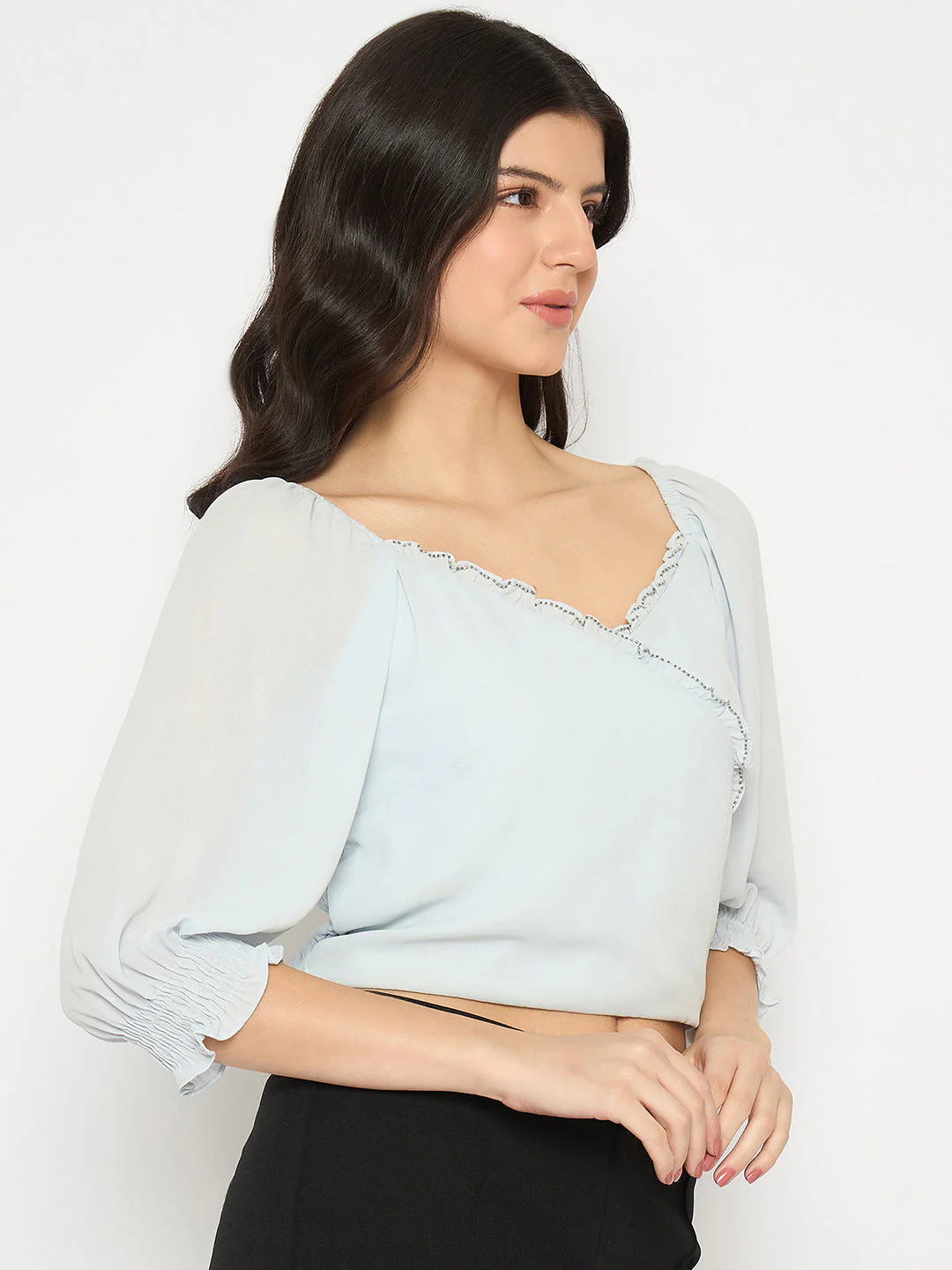 Madame Surplice Neck Blue Wrap Crop Top - Image 4