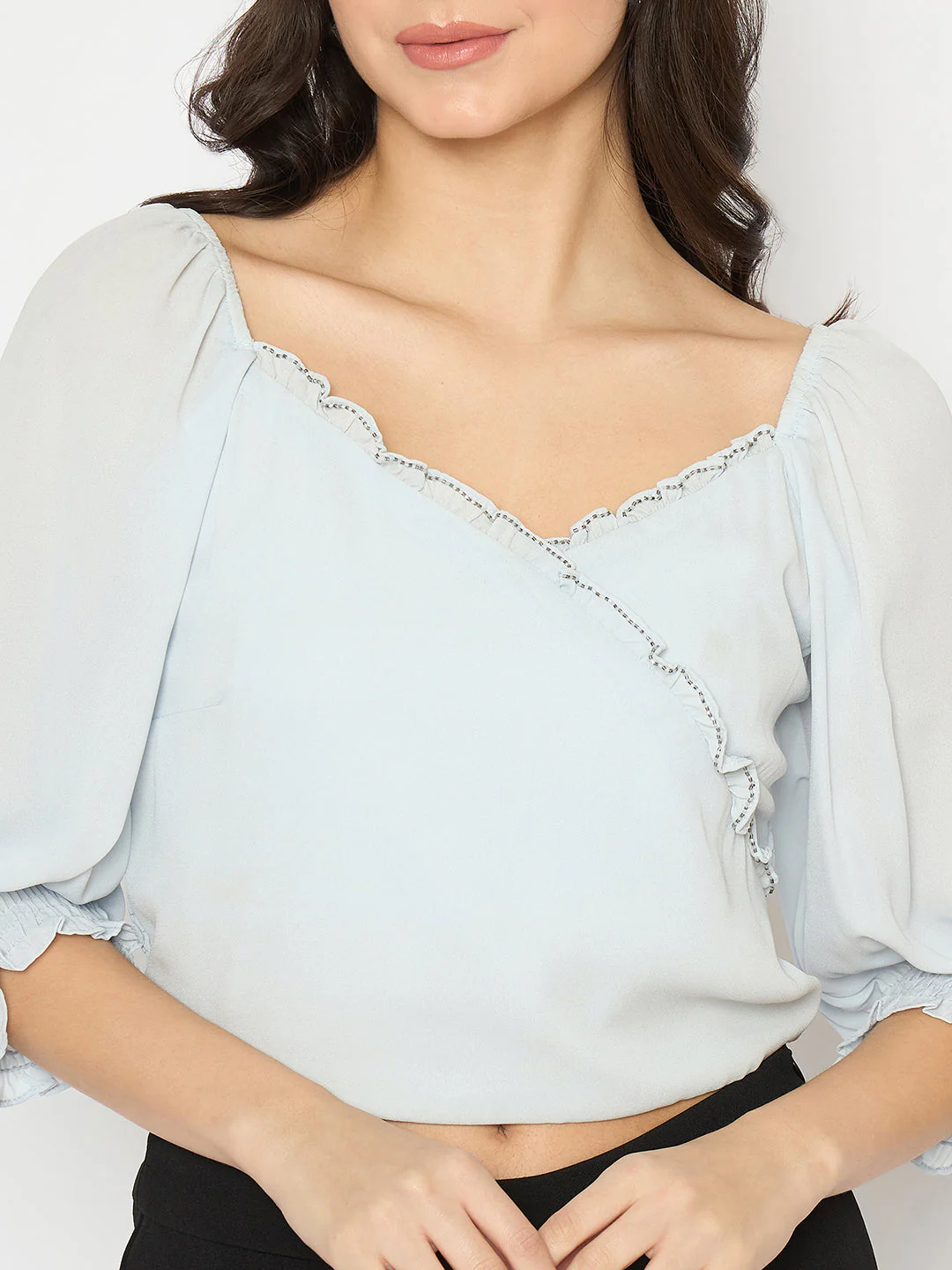 Madame Surplice Neck Blue Wrap Crop Top - Image 7
