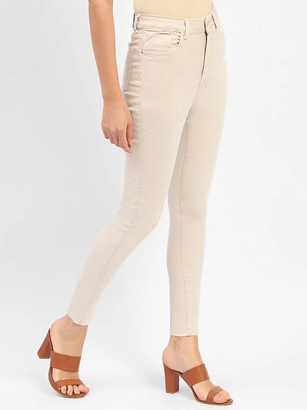 Madame Raw Hem Beige High Rise Skinny Fit Jeans - Image 3