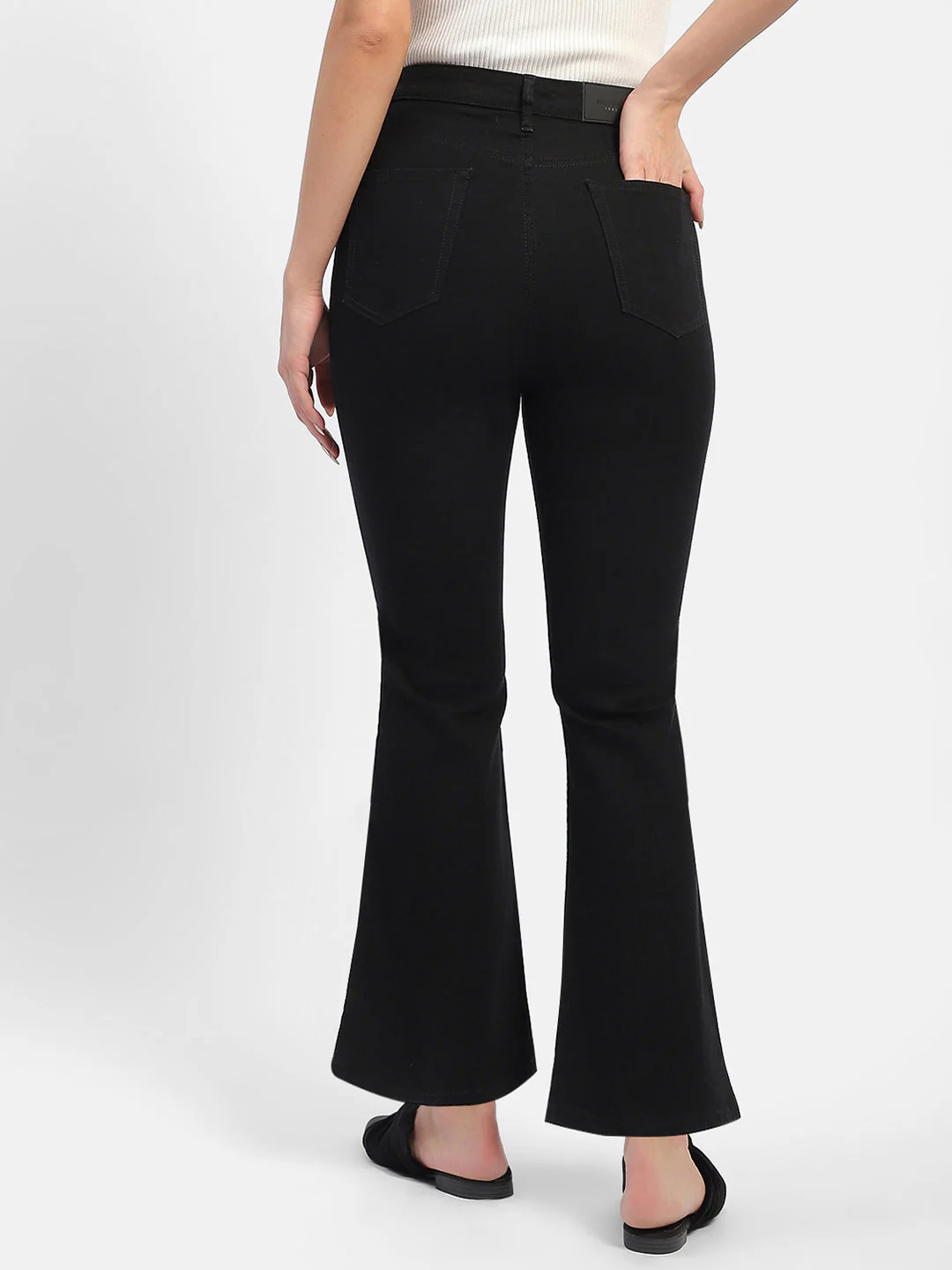 Madame Solid Black Flared Denim Jeans - Image 3