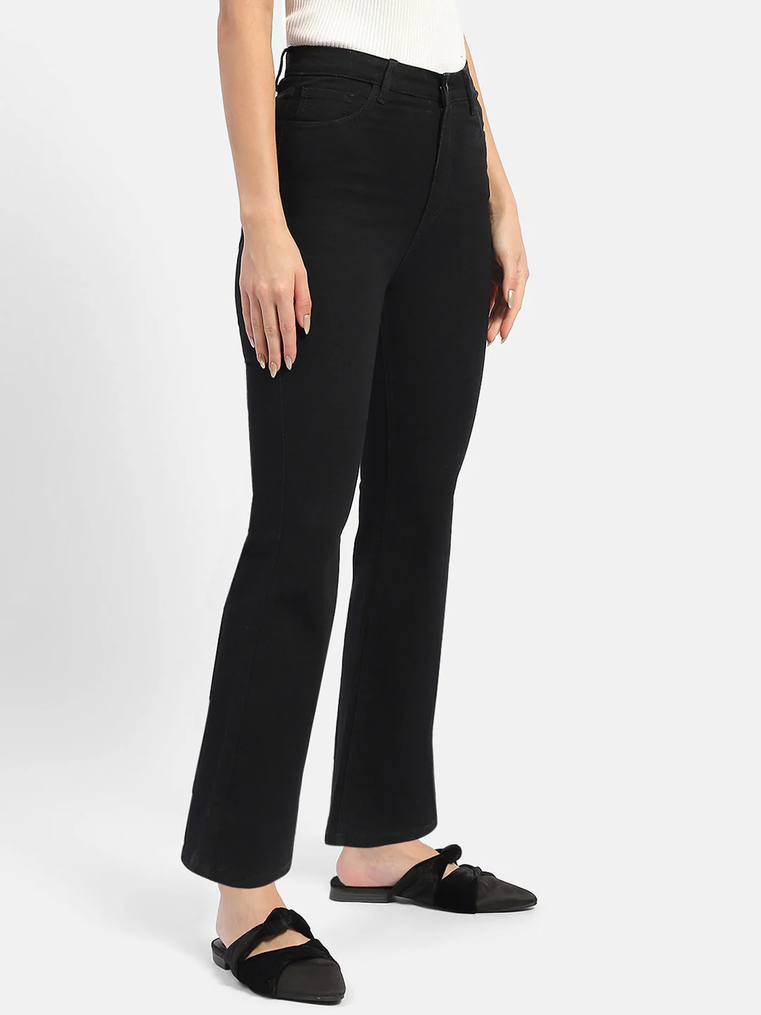 Madame Solid Black Flared Denim Jeans - Image 4