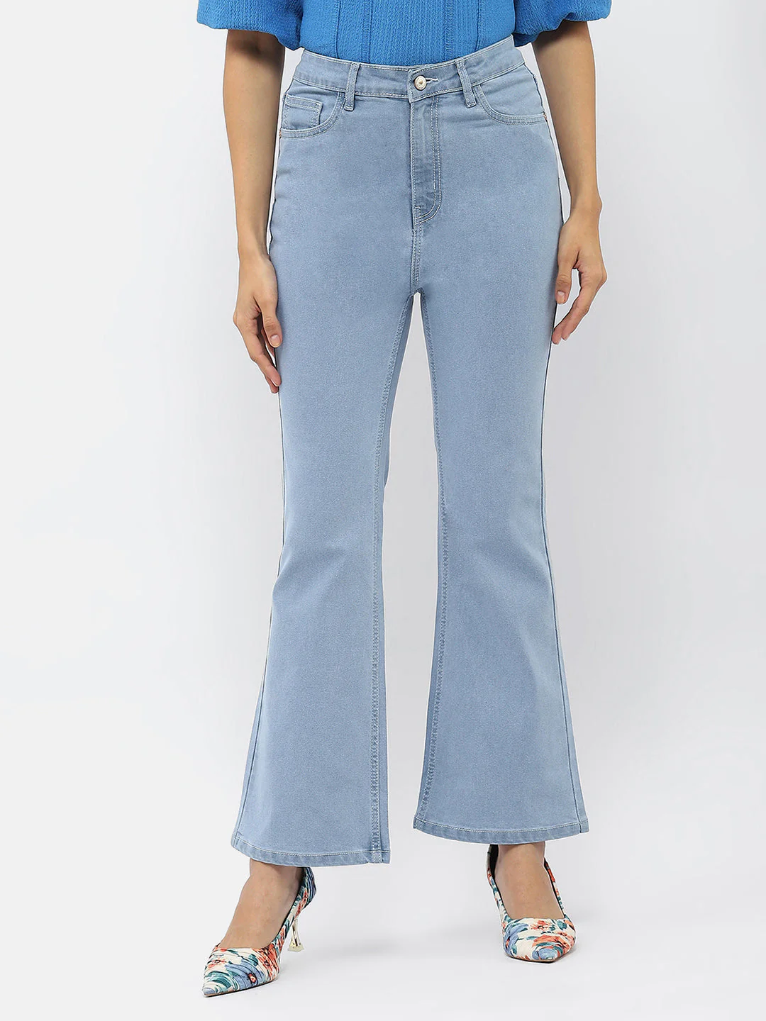 Madame Solid Light Blue Flared Denim Jeans