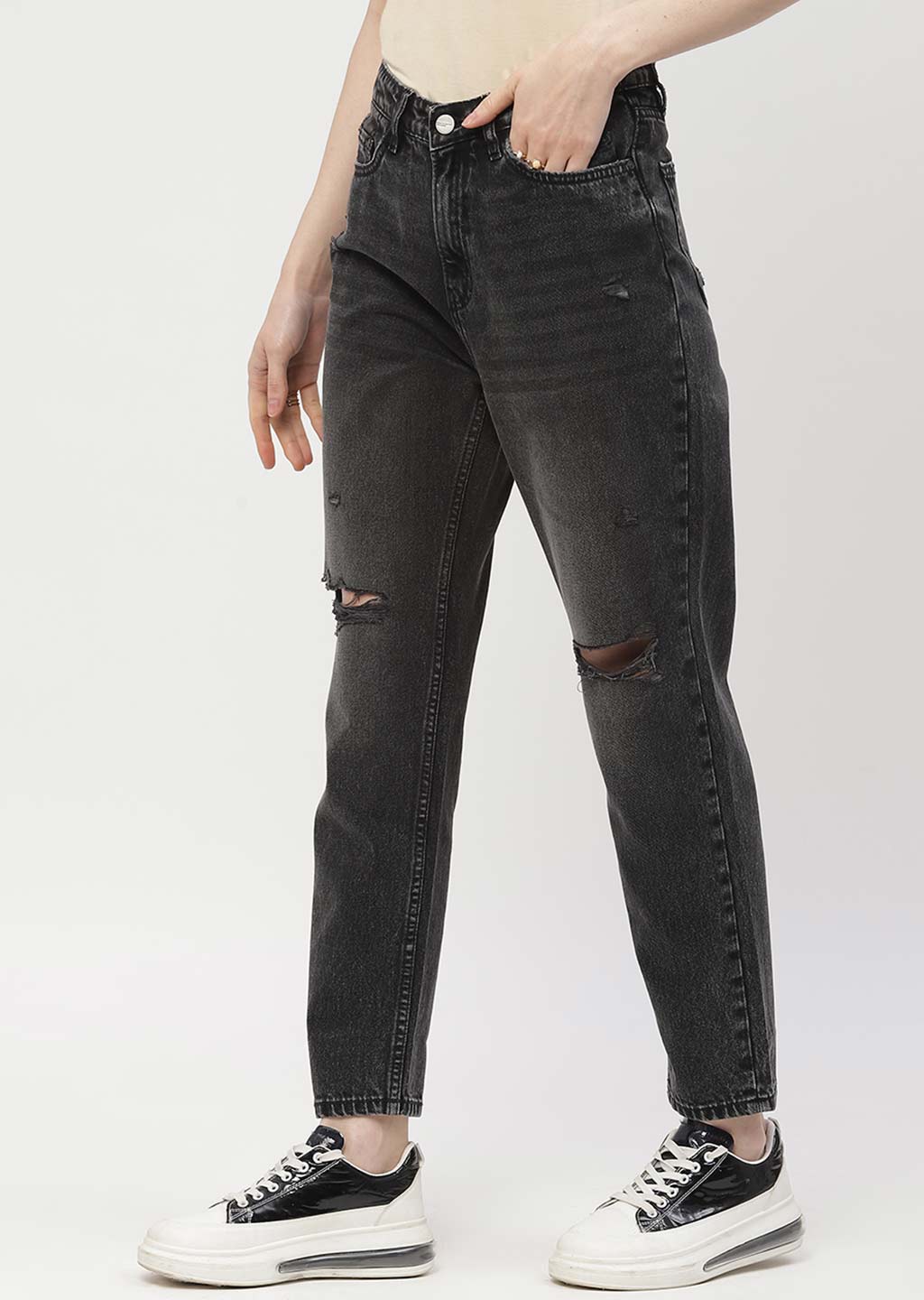 Madame Distressed Black Mom Fit Jeans - Image 4