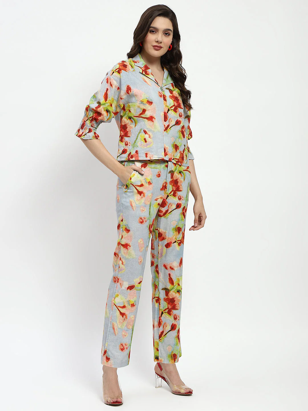 Madame Floral Print Cotton And Linen Teal Co-Ord Set - Image 4