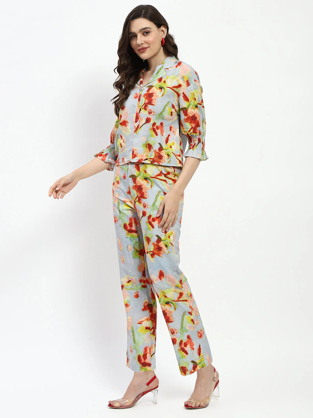 Madame Floral Print Cotton And Linen Teal Co-Ord Set - Image 5