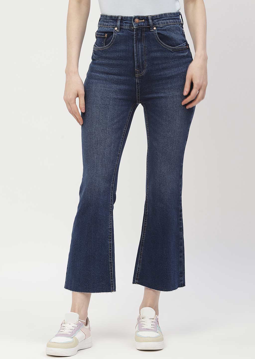 Madame High Rise Dark Blue Distressed Hem Flared Jeans - Image 2
