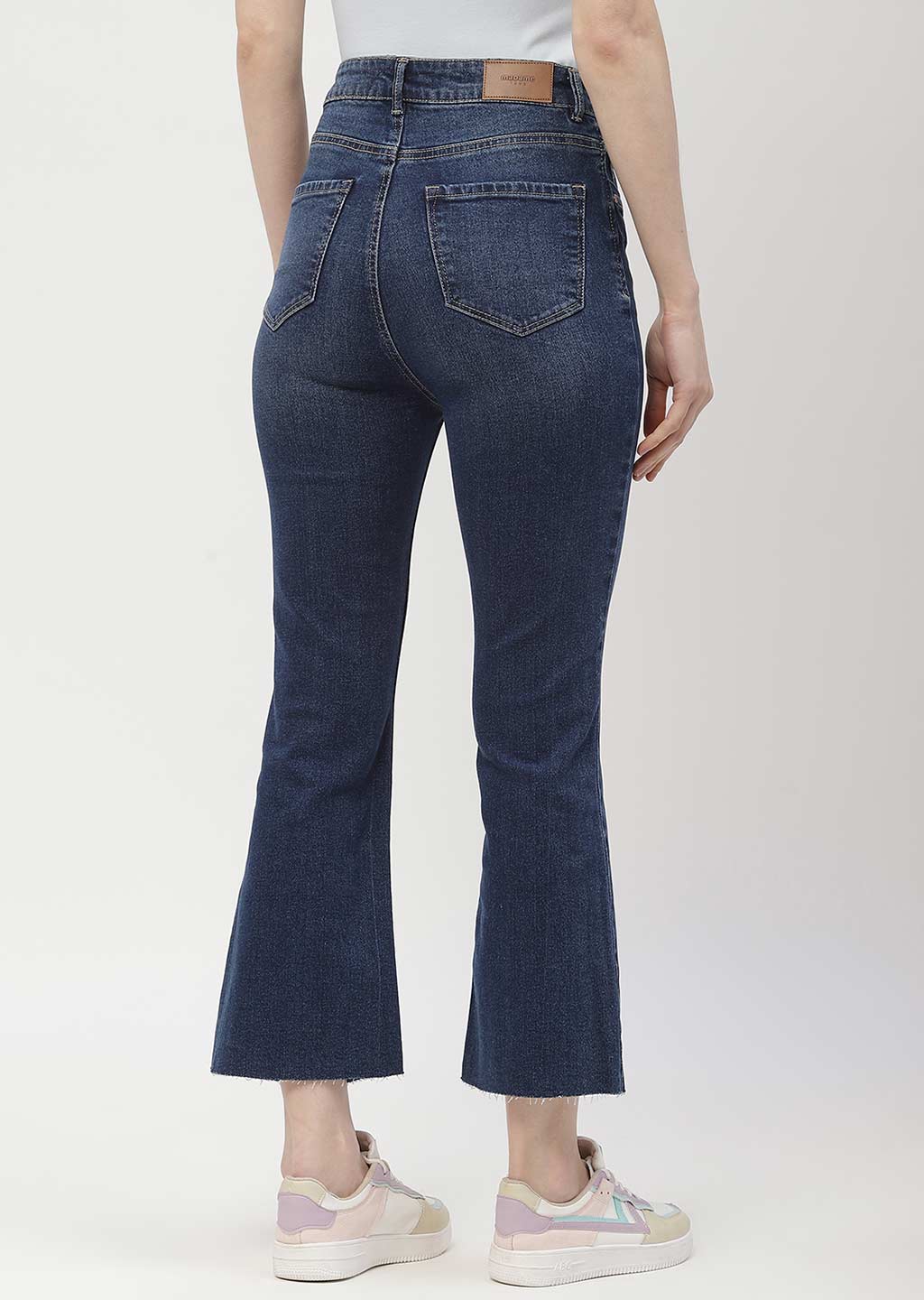 Madame High Rise Dark Blue Distressed Hem Flared Jeans - Image 5