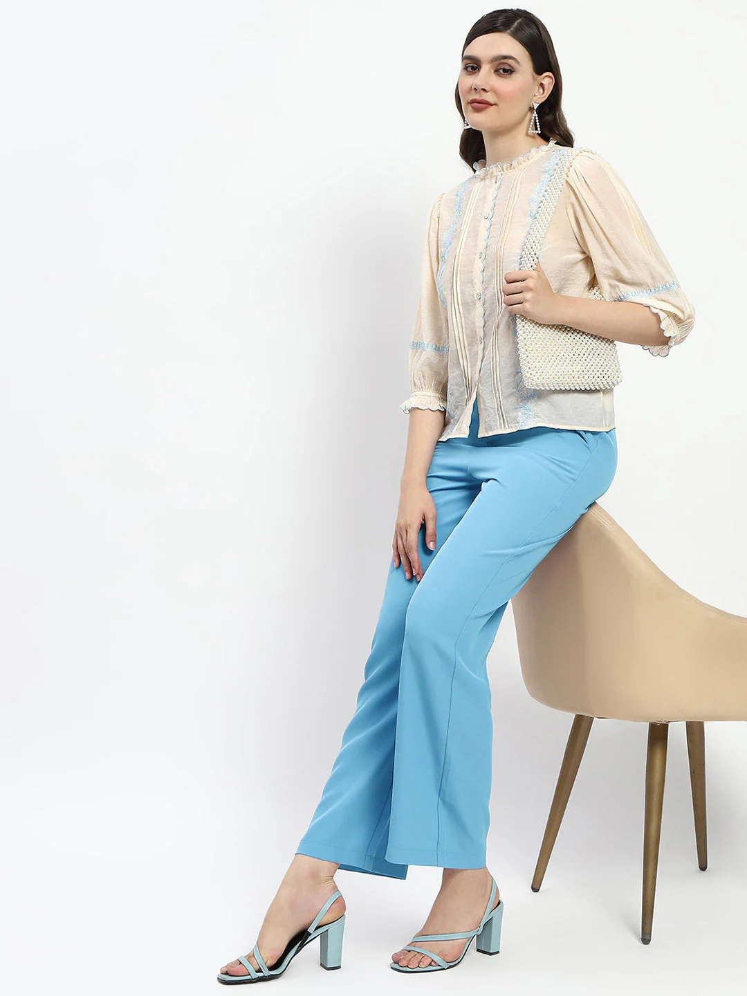 Madame Bridgerton Embroidered Mock Neck Beige Rayon Shirt - Image 2