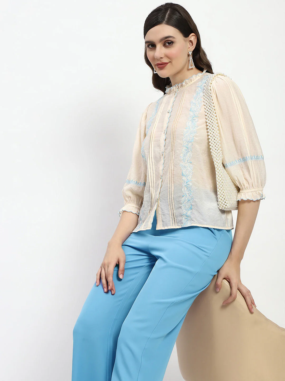 Madame Bridgerton Embroidered Mock Neck Beige Rayon Shirt - Image 3