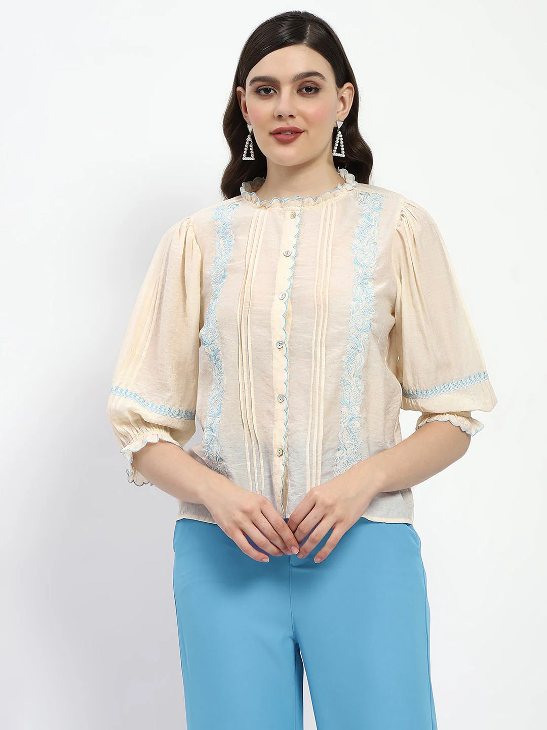 Madame Bridgerton Embroidered Mock Neck Beige Rayon Shirt - Image 4