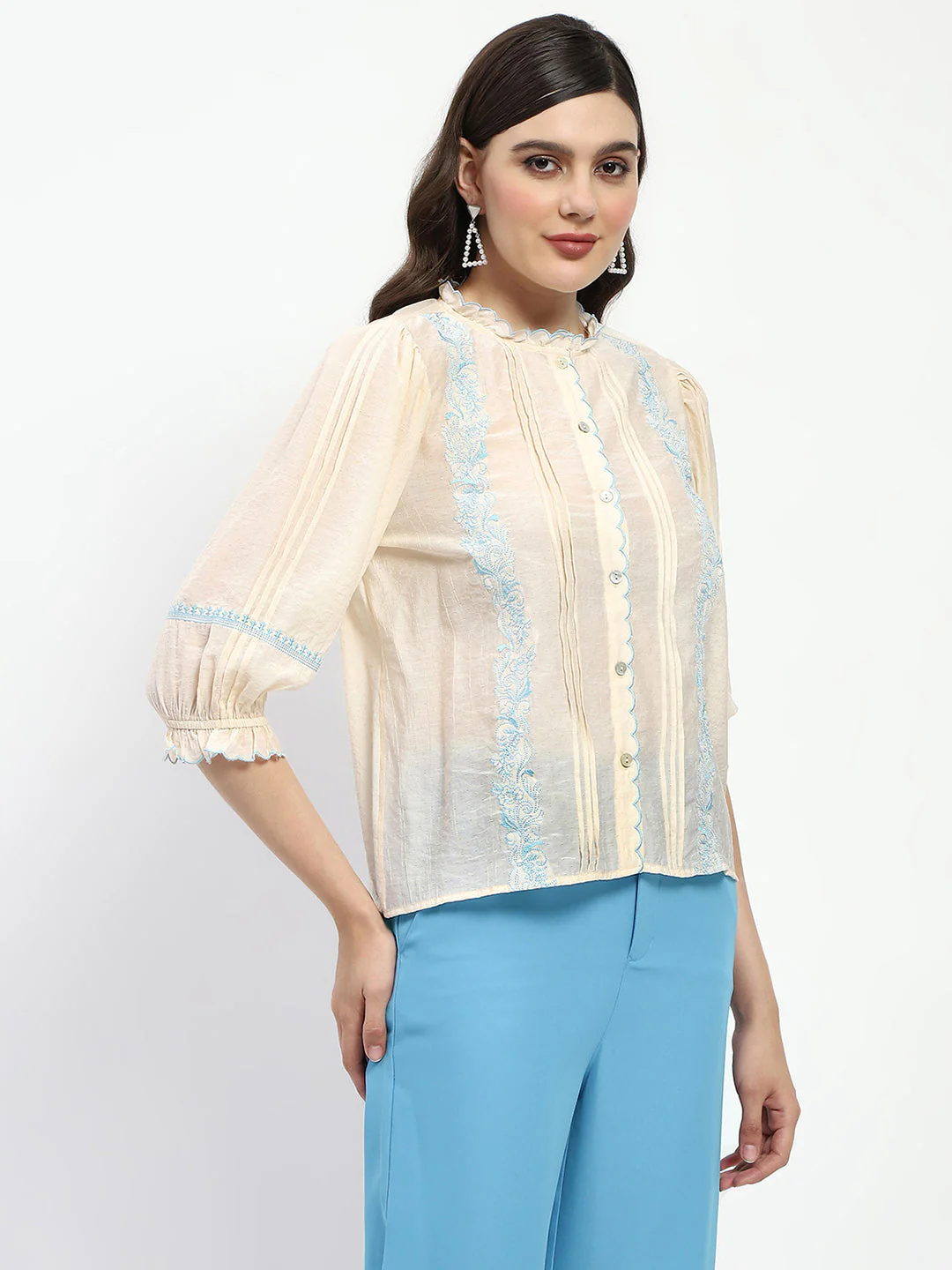 Madame Bridgerton Embroidered Mock Neck Beige Rayon Shirt - Image 5
