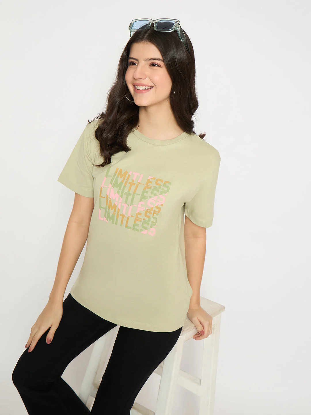 Madame Printed Pear Green Cotton T-shirt - Image 2