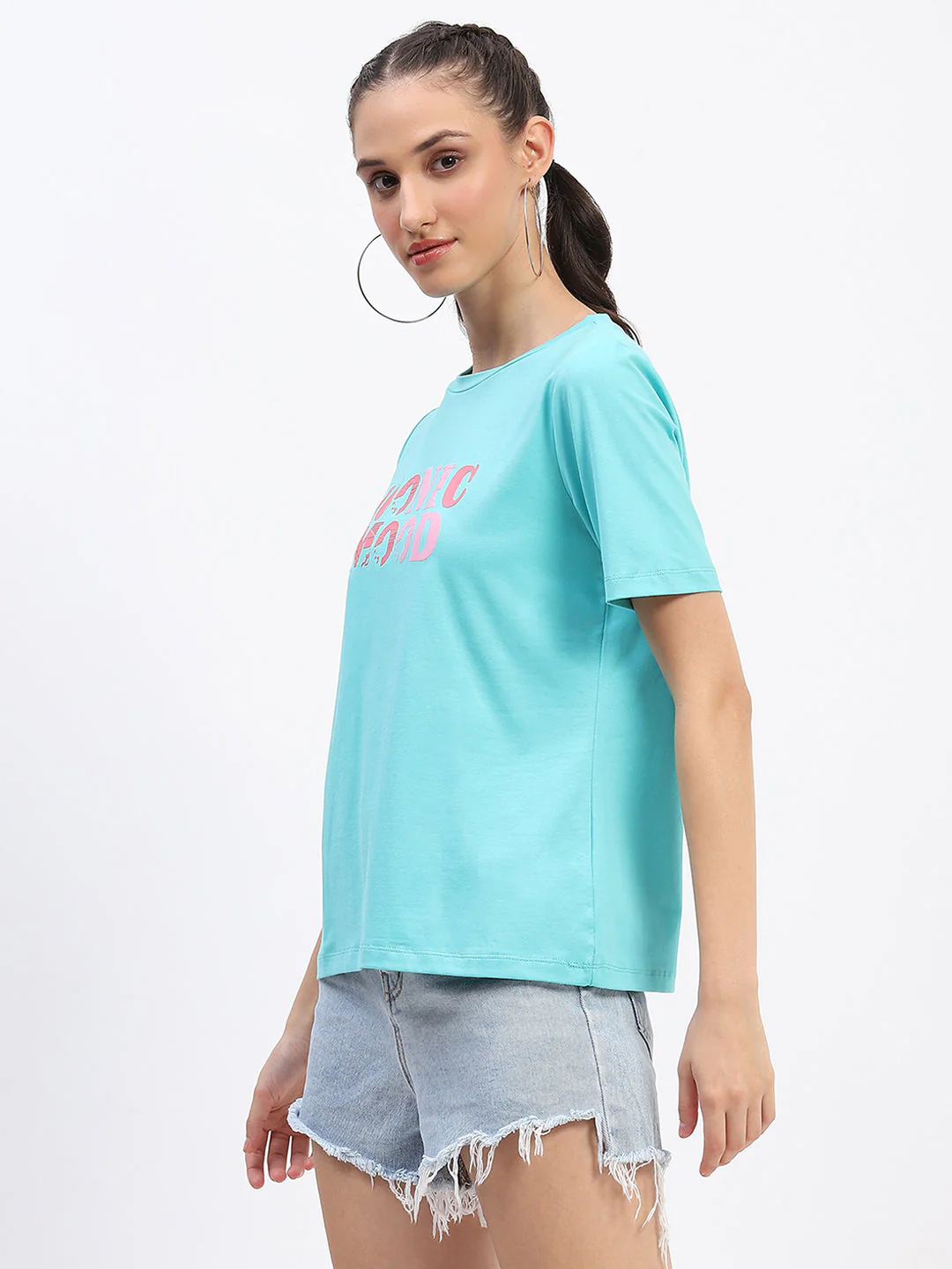 Madame Typography Detailing Cotton Aqua Top - Image 5
